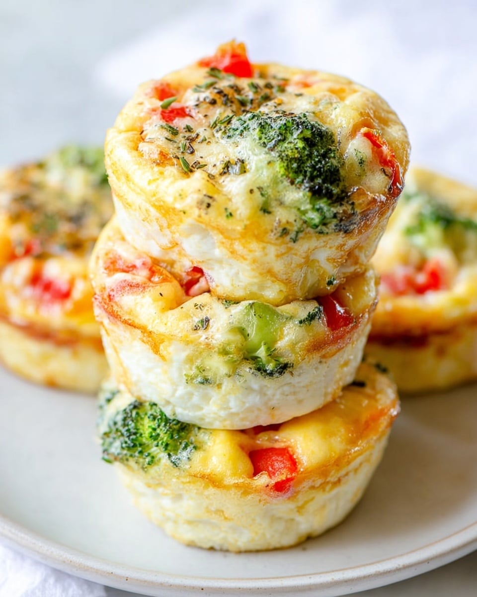 Three egg muffins sit stacked on a white plate with a white marbled surface beneath. Each muffin has three visible layers: the bottom layer is a light golden cooked egg base, the middle layer shows pieces of bright green broccoli and red bell pepper, and the top layer is creamy melted yellow cheese with a slightly browned texture and hints of black pepper and herbs scattered on top. The muffins have a slightly puffy, soft, and fluffy appearance, with the vegetables embedded inside and peeking out of the cheese layer. photo taken with an iphone --ar 4:5 --v 7
