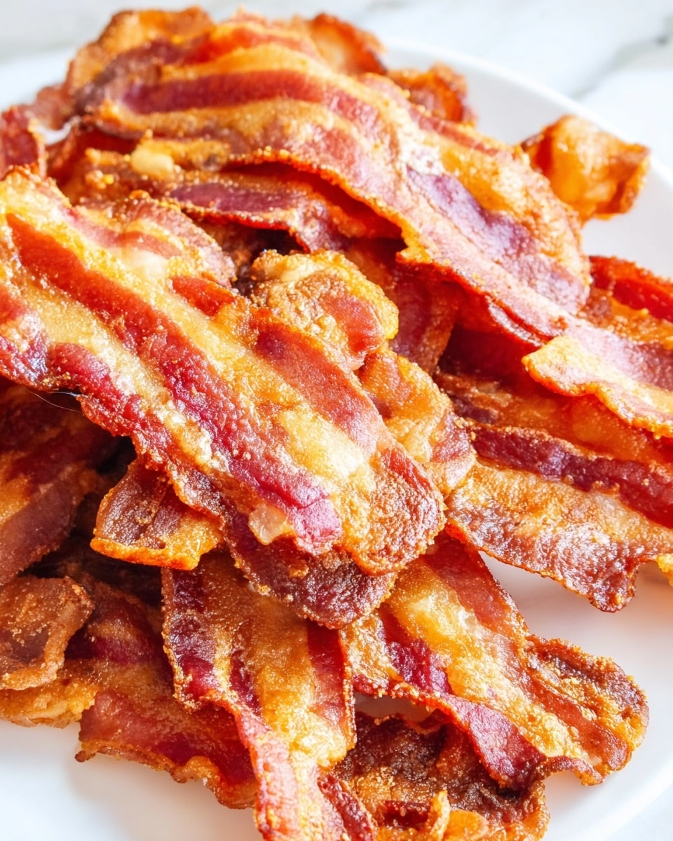 A close-up view of a pile of crispy cooked bacon strips arranged loosely on a white plate, each strip showing a mix of golden-brown and reddish tones with shiny, slightly greasy textures; the edges are wavy and some pieces overlap, creating a layered look with the fat rendered to a light golden color contrasting against the darker meat parts, all set against a white marbled texture background. photo taken with an iphone --ar 4:5 --v 7
