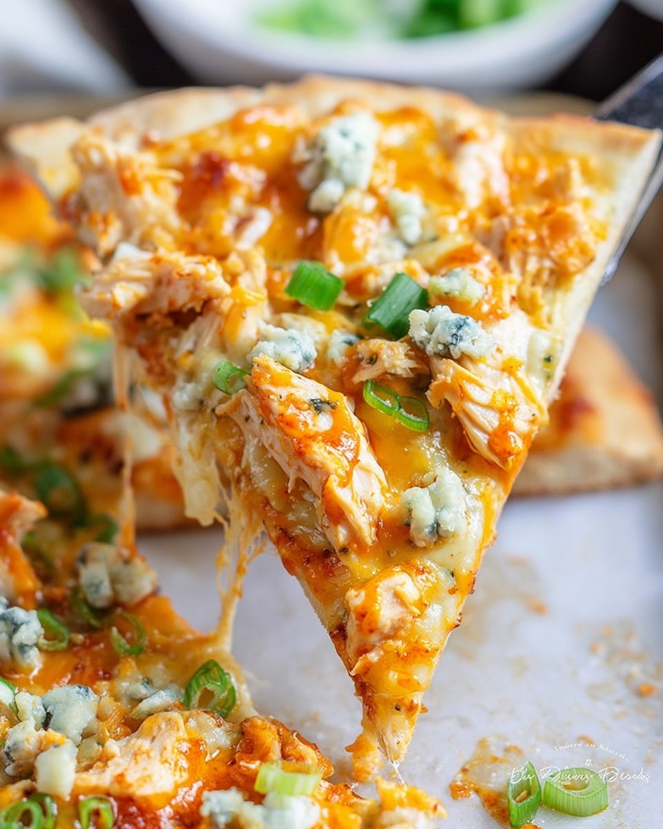 A close-up of a pizza slice being lifted, showing three main layers: a light golden-brown crust, a thick layer of melted orange cheddar cheese mixed with chunks of white chicken, and scattered green onion slices on top. The cheese looks melted and gooey with some white sauce drizzled over it. The slice is held by a metal spatula, with more pizza slices visible on a black pan beneath. The background is blurred with a white marbled texture visible. photo taken with an iphone --ar 4:5 --v 7