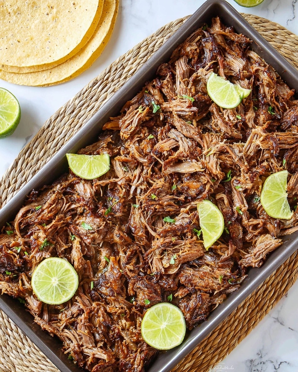 The image shows a dark brown baking tray filled with one layer of shredded, crispy cooked meat with a mix of golden brown, dark brown, and some slightly charred textures, spread unevenly across the tray. There are five lime wedges placed on top of the meat, showing a bright green outer skin and pale green inside. In the top left corner, there is a small stack of plain tortillas with a pale yellow, soft texture partially visible. The tray is placed on a woven light brown mat, all set on a white marbled textured surface. Photo taken with an iphone --ar 4:5 --v 7