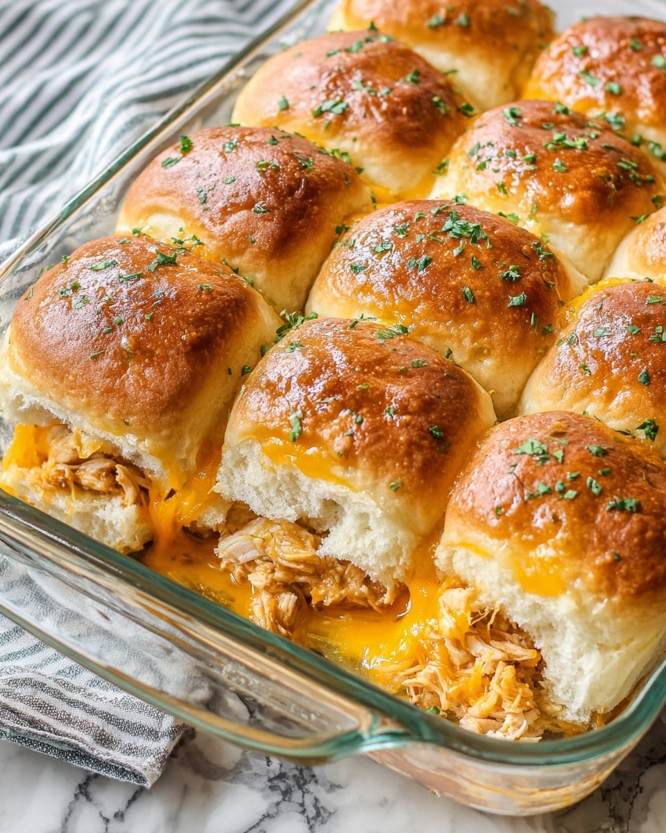 The image shows a glass baking dish filled with nine soft, golden-brown slider buns arranged in three rows of three. Each slider has three layers: the top layer is a light brown, fluffy baked bun with a slightly shiny and textured surface, sprinkled with tiny green herb pieces, the middle layer is melted cheddar cheese with a rich, bright orange color oozing slightly out from the sides, and the bottom layer is shredded barbecue chicken with a saucy, textured look in a warm brown color. The dish is placed on a white marbled surface, with part of a blue and white striped cloth visible at the bottom right corner. photo taken with an iphone --ar 4:5 --v 7