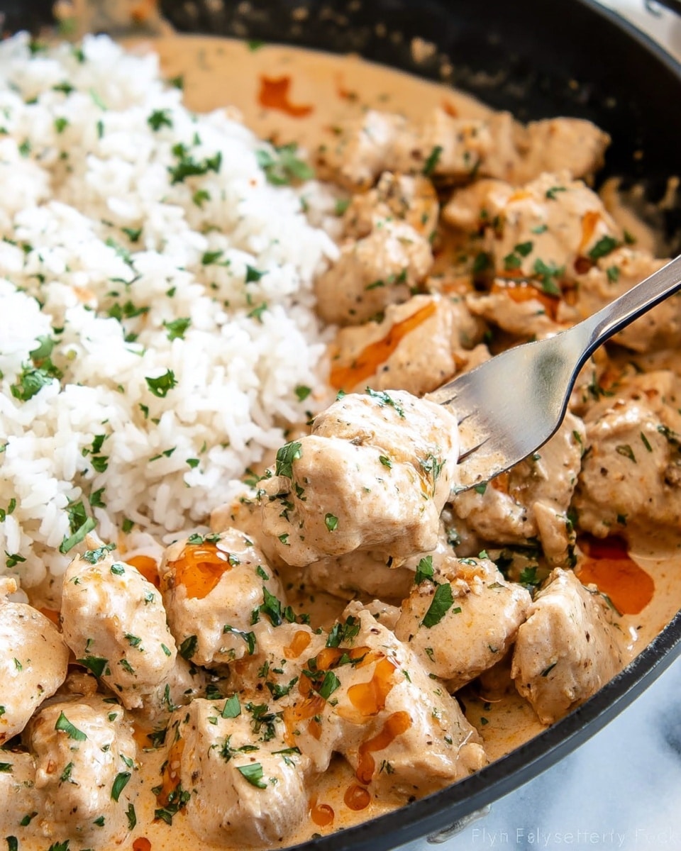 The image shows a close-up of a dish in a black pan with a layer of cooked white rice on the bottom left, topped with bite-sized pieces of chicken covered in a creamy, light brown sauce with specks of black pepper and garnished with small green herb bits. There are small splashes of bright orange sauce scattered across the chicken, adding a pop of color. A silver fork is standing vertically in the pan, holding a piece of chicken at the center of the image. The background features a soft, out-of-focus white marbled texture. photo taken with an iphone --ar 4:5 --v 7