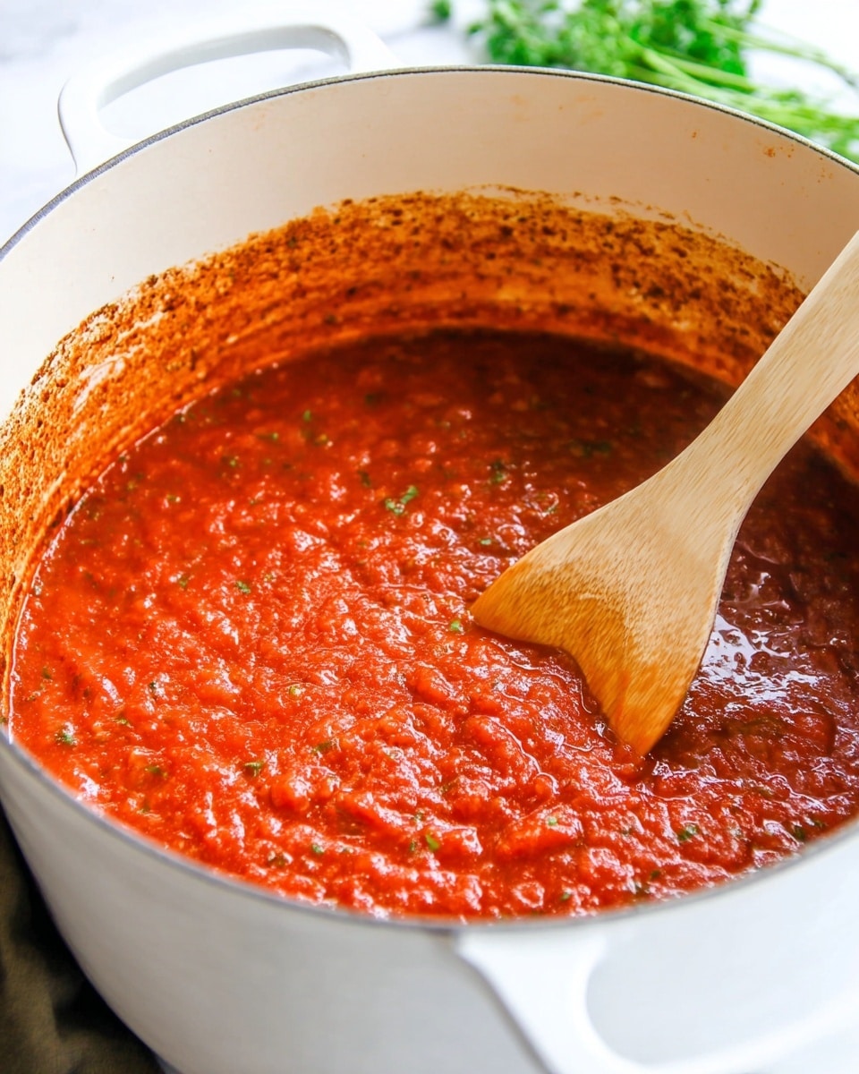 A close-up view of a white pot filled with thick red tomato sauce that has a slightly chunky texture with visible herbs mixed in. A wooden spoon is dipped into the sauce, stirring it, with the sauce coating the spoon's flat surface. The inside walls of the pot show some sauce residue, adding a rustic feel. The pot sits on a light-colored woven mat on a white marbled textured surface. Photo taken with an iphone --ar 4:5 --v 7