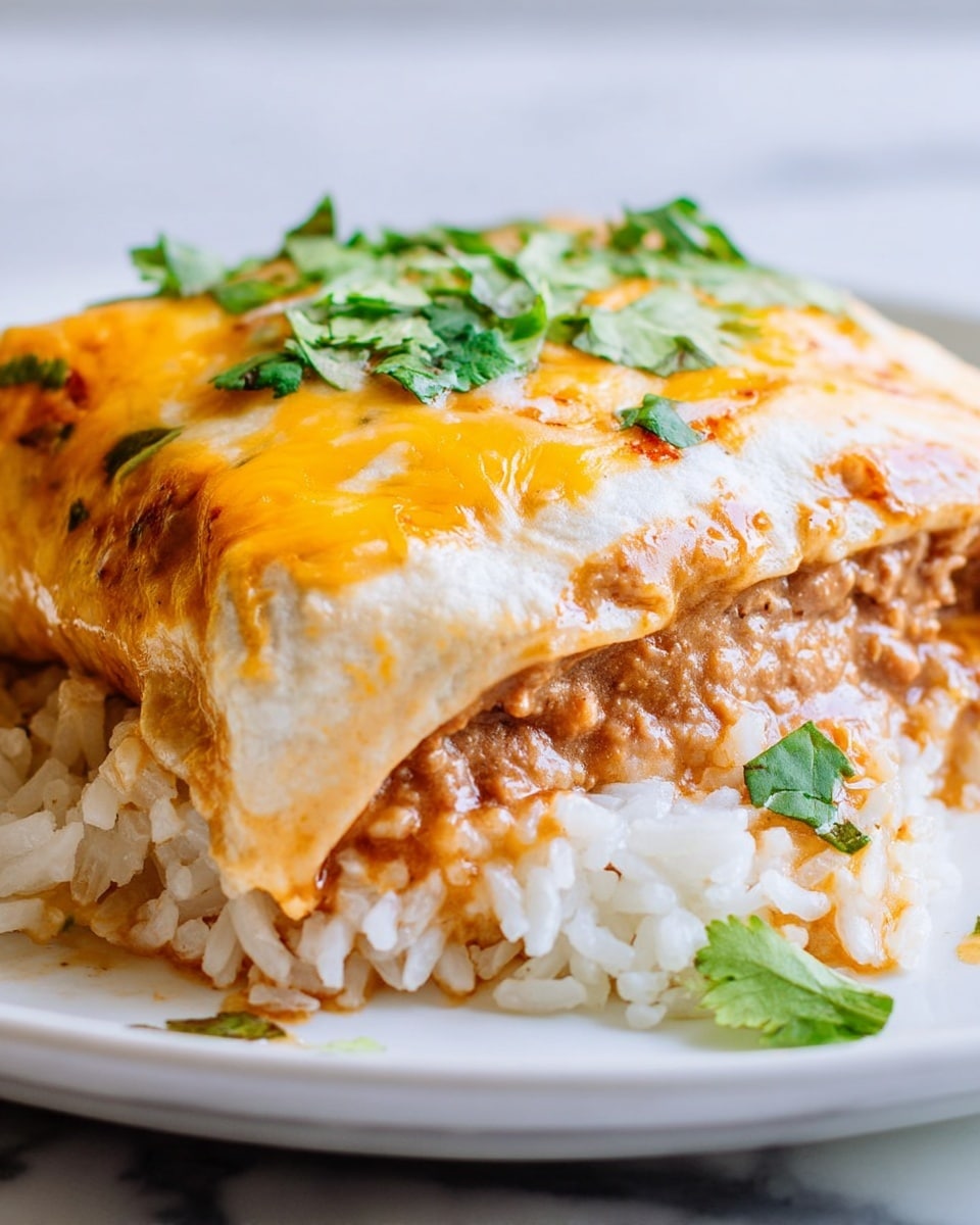 A close-up view of a quesadilla with a thick, creamy middle layer filled with light brown beans and some melted cheese. The top layer is covered with a bright orange melted cheese sprinkled with small green cilantro leaves. The quesadilla is folded into a triangle shape, sitting on a bed of white rice with bits of sauce around it, all on a white plate placed on a white marbled surface. Photo taken with an iphone --ar 4:5 --v 7