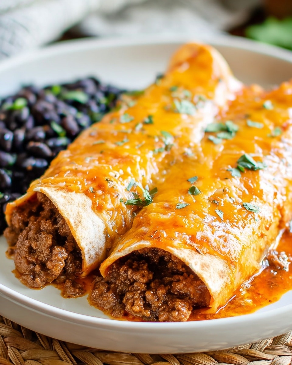 Two rolled enchiladas sit side by side on a white plate set on a white marbled surface. Each enchilada has a soft yellow tortilla roofed with a layer of melted orange cheese, its shiny surface speckled with green herb bits. Inside, the filling shows cooked ground beef that is browned and crumbly, spilling slightly out of the open ends. To the side, glossy black beans scatter, adding contrast to the warm colors of the enchiladas. Photo taken with an iphone --ar 4:5 --v 7