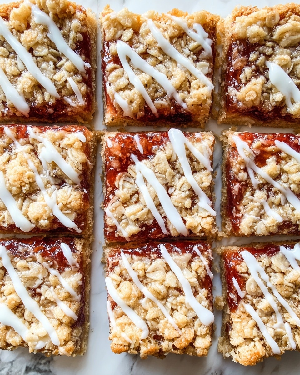 A close-up view of nine square pieces of oat bars arranged tightly in a single layer. Each bar has a bottom layer of red jam visible at the edges, topped with a crumbly golden-brown oat streusel layer that looks crunchy and textured with oats and small chunks. Light white glaze is drizzled unevenly over the top, contrasting with the warm colors underneath. The bars are placed on a white marbled surface. photo taken with an iphone --ar 4:5 --v 7