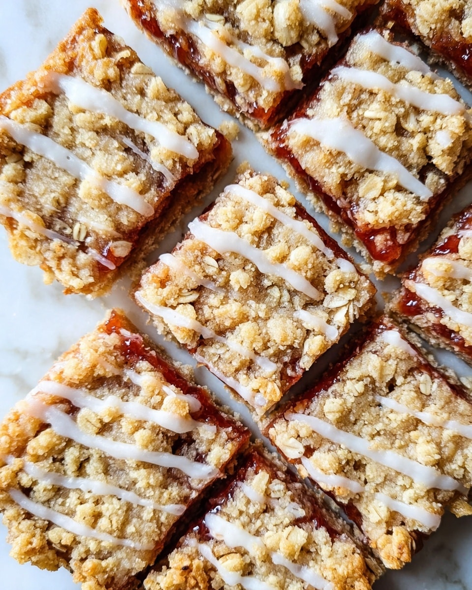 The image shows a close-up of nine square bars arranged in a 3x3 grid on a white marbled surface. Each bar has three visible layers: the bottom is a firm, golden-brown crust, the middle layer is a dark red, jam-like filling that peeks through unevenly, and the top layer is a crumbly, light golden oat topping with small clusters and flakes. White icing is drizzled across the bars in thin, irregular lines adding a glossy contrast to the textured oat layer. The edges of the bars are sharp and clean, showing distinct separation between each piece. Photo taken with an iphone --ar 4:5 --v 7
