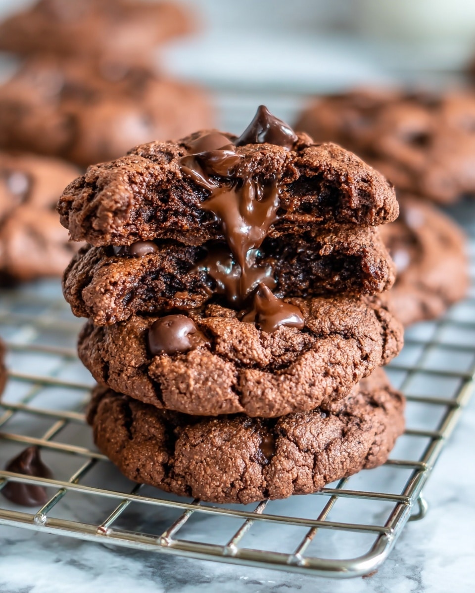 A stack of three thick chocolate cookies is placed on a silver cooling rack over a white marbled surface. The top cookie is bitten into, showing its soft, gooey chocolate center with melted chocolate chips glistening in the middle. The cookies have a rough, slightly crumbly texture with chocolate chunks embedded throughout. More similar cookies are blurred in the background. photo taken with an iphone --ar 4:5 --v 7