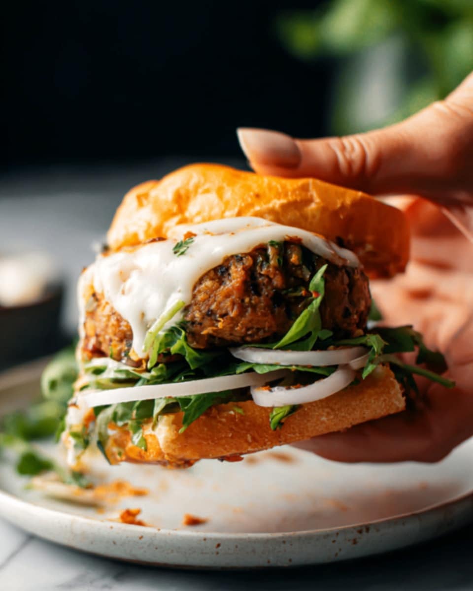A close-up image of a large sandwich held by a woman's hand, featuring a toasted bun with a light golden-brown top layer that looks crispy. Inside the sandwich, there are two large, round meatballs visible with a slightly browned texture. Below the meatballs, there is a fresh layer of green leafy herbs and thinly cut white onion slices, with some subtle orange slices peeking out. The sandwich sits on a white plate placed on a white marbled surface with blurred greenery in the background, creating a fresh and natural feel. The photo taken with an iphone --ar 4:5 --v 7