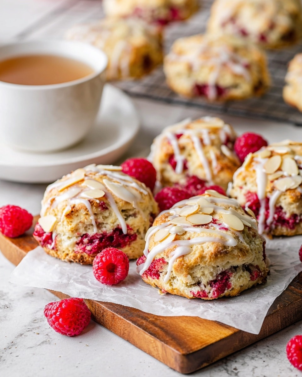 Three round scones sit on white parchment paper on a wooden board over a white marbled texture. Each scone is light golden with whole and crushed red raspberries mixed inside, showing red streaks and bits throughout. They are topped with a white glaze drizzled unevenly and thin, flat slices of light beige toasted almonds. Around the scones are a few fresh bright red raspberries. In the background, there is a white cup filled with tea on a matching saucer, and more scones rest on a cooling rack. photo taken with an iphone --ar 4:5 --v 7
