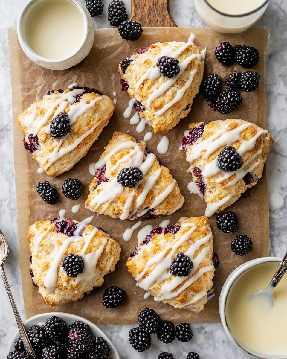 Eight triangular scones arranged on brown parchment paper placed on a wooden board, each scone showing a golden-brown baked crust with visible pieces of dark purple-black blackberries inside and a white glaze drizzled in thin lines across the top; some scones have a whole blackberry on top. Around the board are several whole blackberries and a spoon with leftover white glaze on it. In the corner of the image is a white bowl with more of the white glaze, and the background is a white marbled texture. photo taken with an iphone --ar 4:5 --v 7