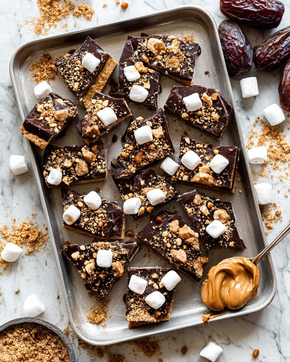 A white baking tray holds broken pieces of a three-layer dessert. The bottom layer is a light brown, crunchy biscuit base. The middle layer is smooth, shiny dark chocolate covering the biscuit. The top layer is scattered with crushed golden biscuit crumbs and small white marshmallows. Around the tray are whole dark brown dates and a spoonful of smooth, shiny peanut butter resting on the tray's edge. The whole setup is on a white marbled background. photo taken with an iphone --ar 4:5 --v 7