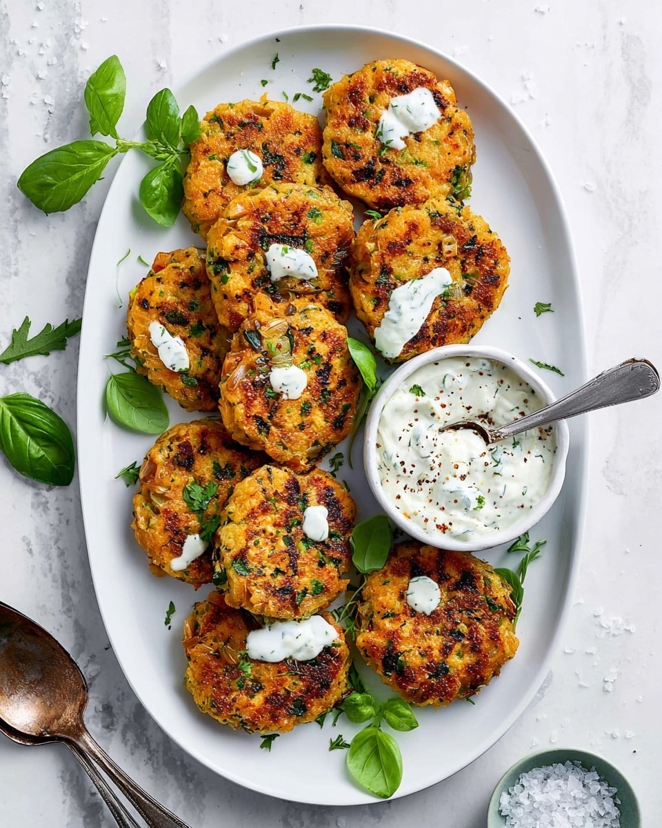 The image shows a white oval plate with eight golden-brown, round vegetable patties arranged closely together. Each patty is crispy on the outside, with visible bits of green herbs and vegetables inside. Small dollops of white creamy sauce are spread over the patties, with some fresh green parsley and basil leaves scattered on top and around the plate for garnish. On the right side of the plate, there is a small white bowl filled with a creamy white sauce sprinkled with chopped green herbs and black pepper, and a vintage silver spoon inside. The plate sits on a white marbled surface, with a blue and white striped cloth to the left and two silver spoons lying beside the plate. Photo taken with an iphone --ar 4:5 --v 7