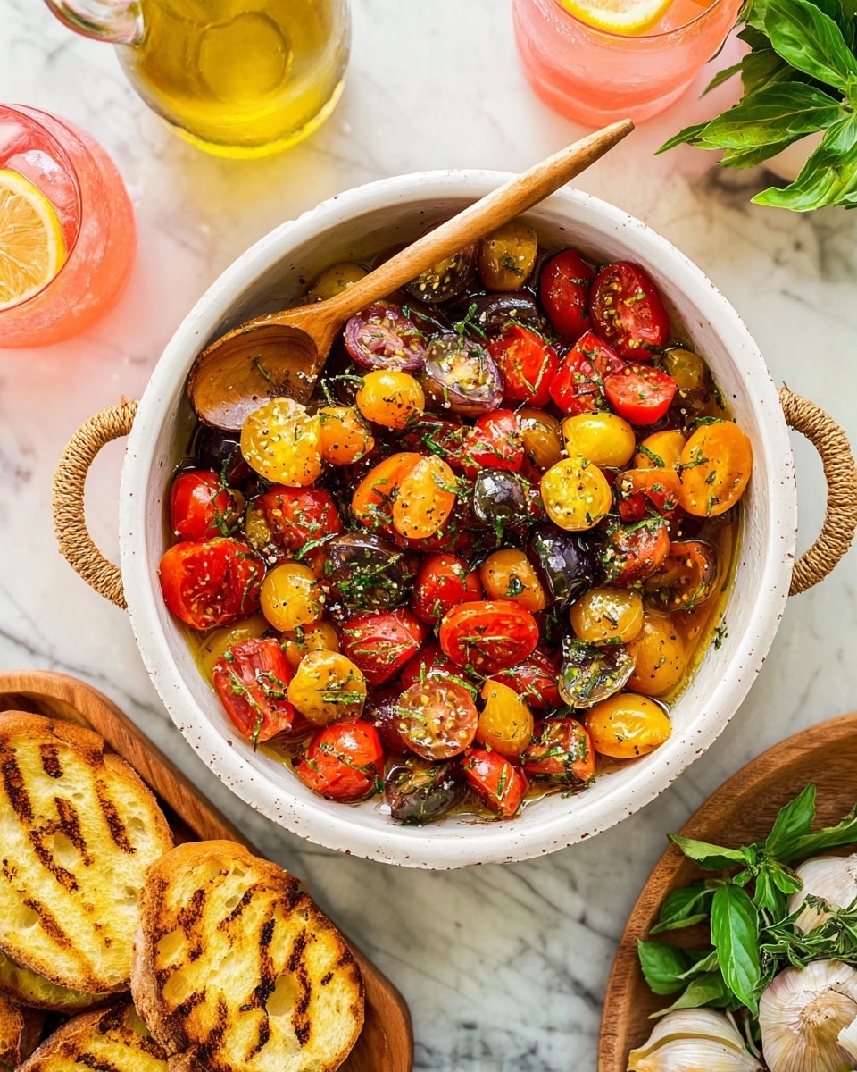 A rustic deep round bowl filled with a colorful mix of halved cherry tomatoes in red, yellow, and dark purple shades, all coated with a shiny green herb dressing. The top layer includes visible fresh green basil leaves and finely chopped herbs, while a wooden spoon rests inside the bowl on the right side. Surrounding the bowl are golden grilled bread slices with crisp grill marks and a small white bowl on the upper right holding fresh thyme sprigs and garlic cloves. The whole scene is set on a white marbled surface with a pink drink with lemon slices at the top left and a glass of yellow liquid next to the bowl. Photo taken with an iphone --ar 4:5 --v 7