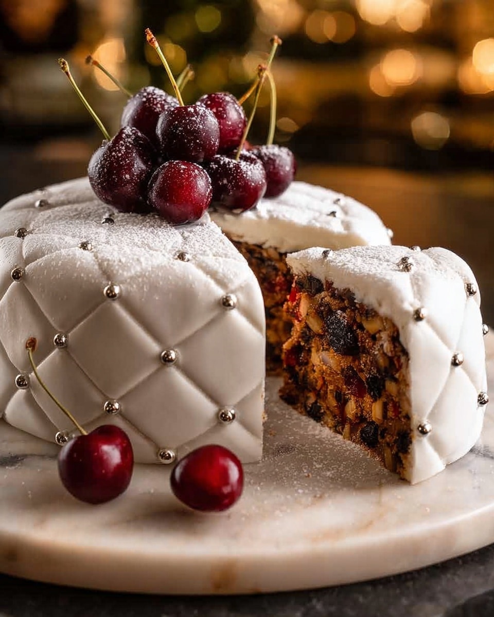 The image shows a round cake covered fully in smooth white fondant with a quilted pattern decorated with small silver beads at each crossing point. The cake has a thick dark brown fruit cake layer hidden under the fondant, visible from a large slice cut out on the left side. The top layer of the cake is covered with fresh, deep red cherries with green stems, lightly dusted with powdered sugar that also spreads over the cake and nearby cherries on a white marble textured surface. The cake sits on a light beige round board, with a soft dark cloth underneath. Photo taken with an iphone --ar 4:5 --v 7