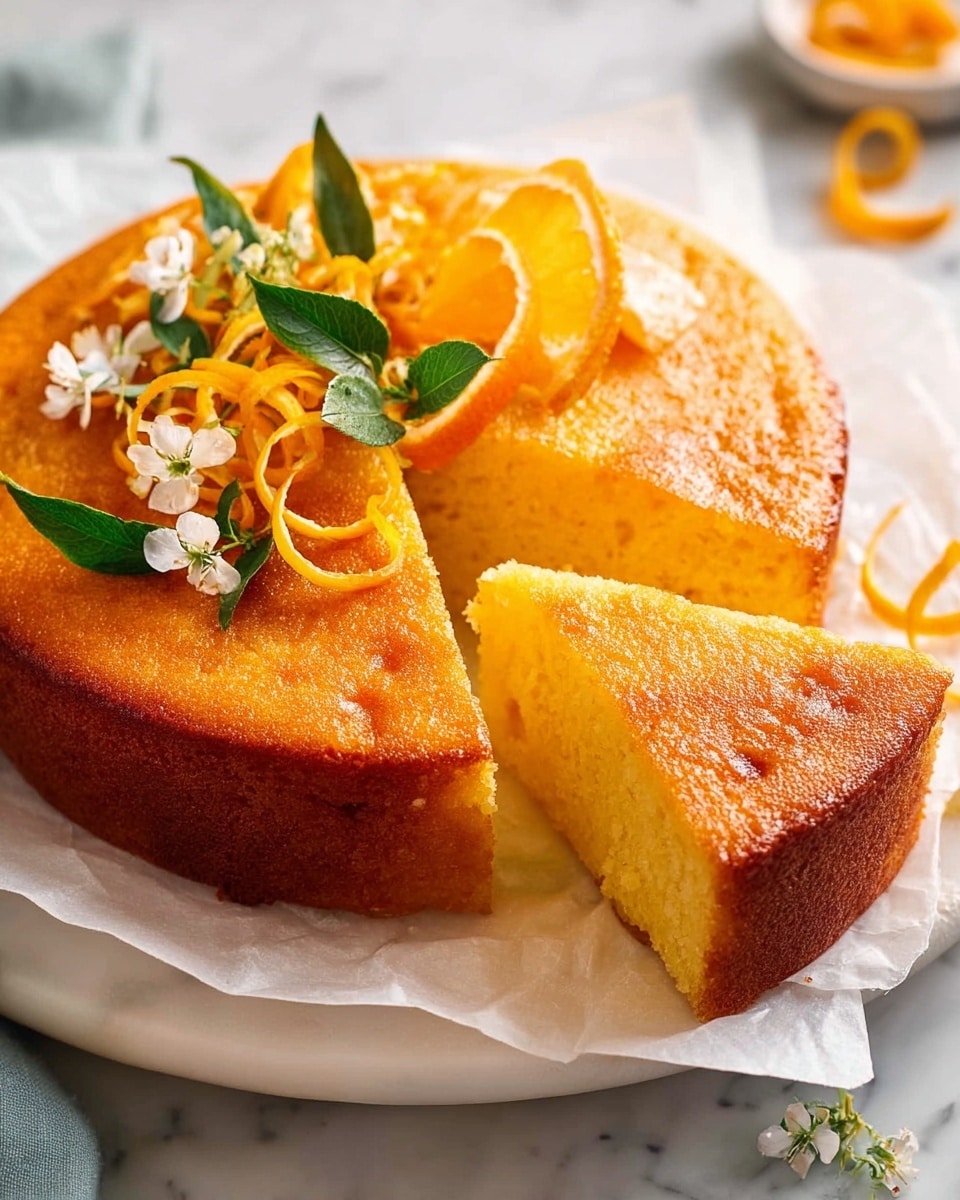 A round, single-layer orange cake with a smooth, lightly browned top sits on white parchment paper covering a white plate. A wedge has been cut from the cake, showing a moist, dense orange interior with a slightly coarse texture. The top of the cake is decorated with green leaves, small white flowers, thin curly orange peel strips, and a thin orange slice. The cake and plate rest on a white marbled textured surface. photo taken with an iphone --ar 4:5 --v 7