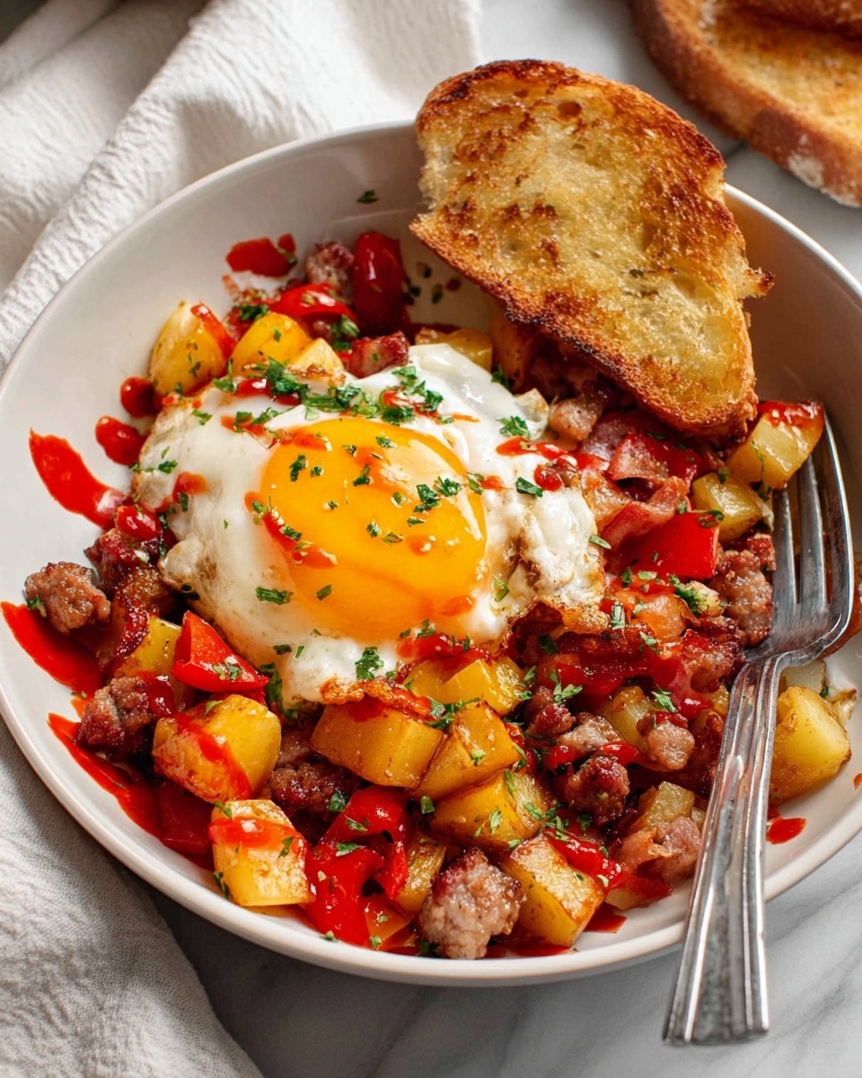 A white plate holds a breakfast hash with a base layer of golden-brown diced potatoes and chunks of cooked sausage mixed with bright red bell pepper pieces. On top is a fried egg with a runny, bright orange yolk spilling slightly over the ingredients. Scattered green herbs add a fresh contrast. A slice of toasted bread with melted butter rests on the edge of the plate. Swirls of red sauce decorate the plate's surface around the food, and a fork is placed on the right side of the plate. The plate sits on a white marbled surface with a white cloth nearby. Photo taken with an iphone --ar 4:5 --v 7