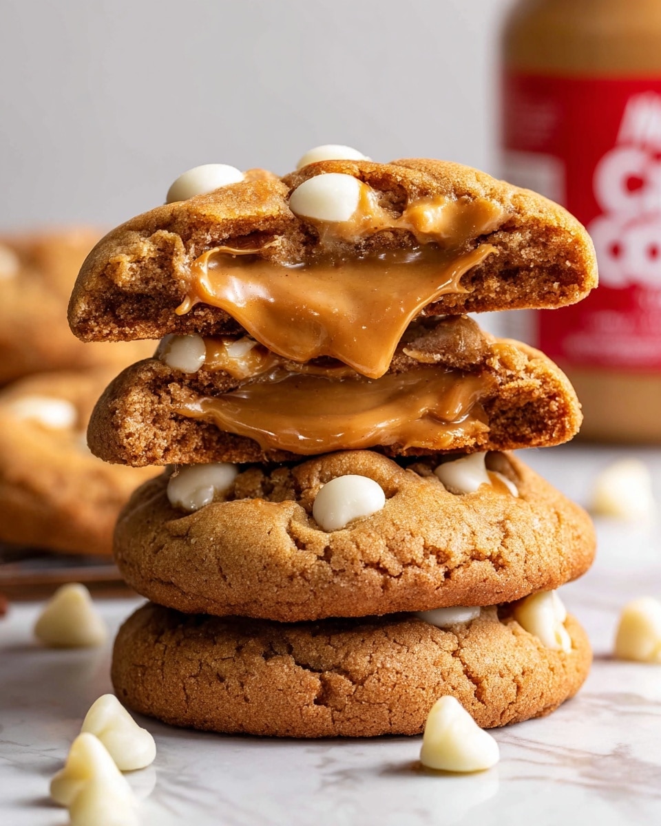 A stack of four thick cookies sits on a white marbled surface, each cookie rich brown with small white chocolate chips embedded throughout. The top cookie is broken in half and placed on top of the stack to show a gooey, smooth peanut butter filling oozing out, creamy light brown and shiny. The cookie texture looks soft with slight cracks, and some white chocolate chips are scattered around the base. In the background, a jar of peanut butter with a red lid is blurred out. Photo taken with an iphone --ar 4:5 --v 7