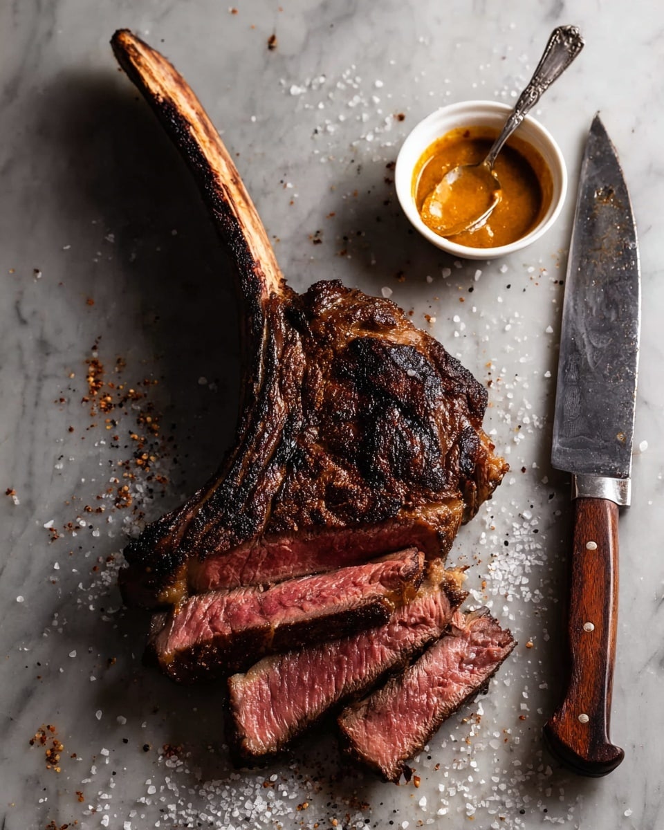 A large grilled tomahawk steak with a dark brown, slightly charred crust and a long bone is placed on a white marbled texture. The steak is sliced into three thick pieces at the bottom, showing a pink and juicy inside with a slight char on the edges. To the top right of the steak is a small white bowl filled with orange-colored sauce, with a spoon inside. A large knife with a wooden handle lies next to the bowl, all on the white marbled surface scattered with coarse salt. photo taken with an iphone --ar 4:5 --v 7