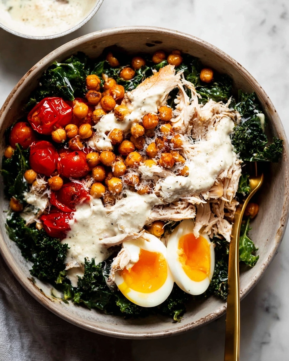 A white bowl filled with a layered salad starting with a dark green kale base. On top of the kale there are bright red roasted tomatoes, light shredded chicken pieces, and golden roasted chickpeas scattered all over. To one side, two halves of a soft-boiled egg with bright orange yolks and firm white edges are placed. The salad is drizzled with a creamy white dressing and sprinkled with fine white grated cheese. A golden spoon is inside the bowl resting on the right edge. The bowl is sitting on a white marbled texture. Photo taken with an iphone --ar 4:5 --v 7