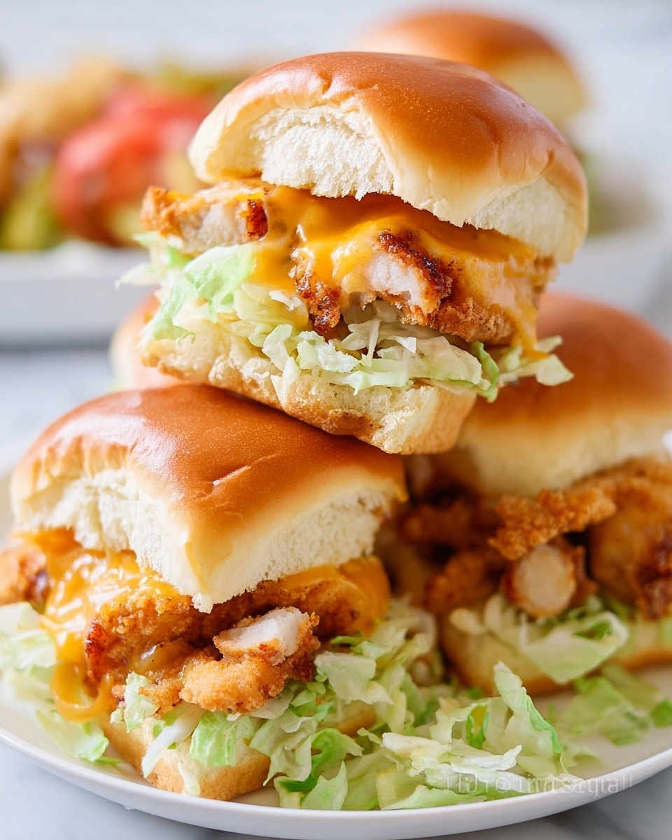 The image shows three small chicken sliders stacked on a white plate with a white marbled surface in the background. Each slider has a soft, shiny, light brown top bun, a layer of green shredded lettuce, a slice of red tomato, a crunchy golden-brown fried chicken piece, and melted orange cheddar cheese underneath. The buns' inside is white and fluffy, with some lettuce scattered around the plate edges. The focus is on the middle slider, showing the layers clearly and slightly messy with melted cheese and chicken crumbs. Photo taken with an iphone --ar 4:5 --v 7