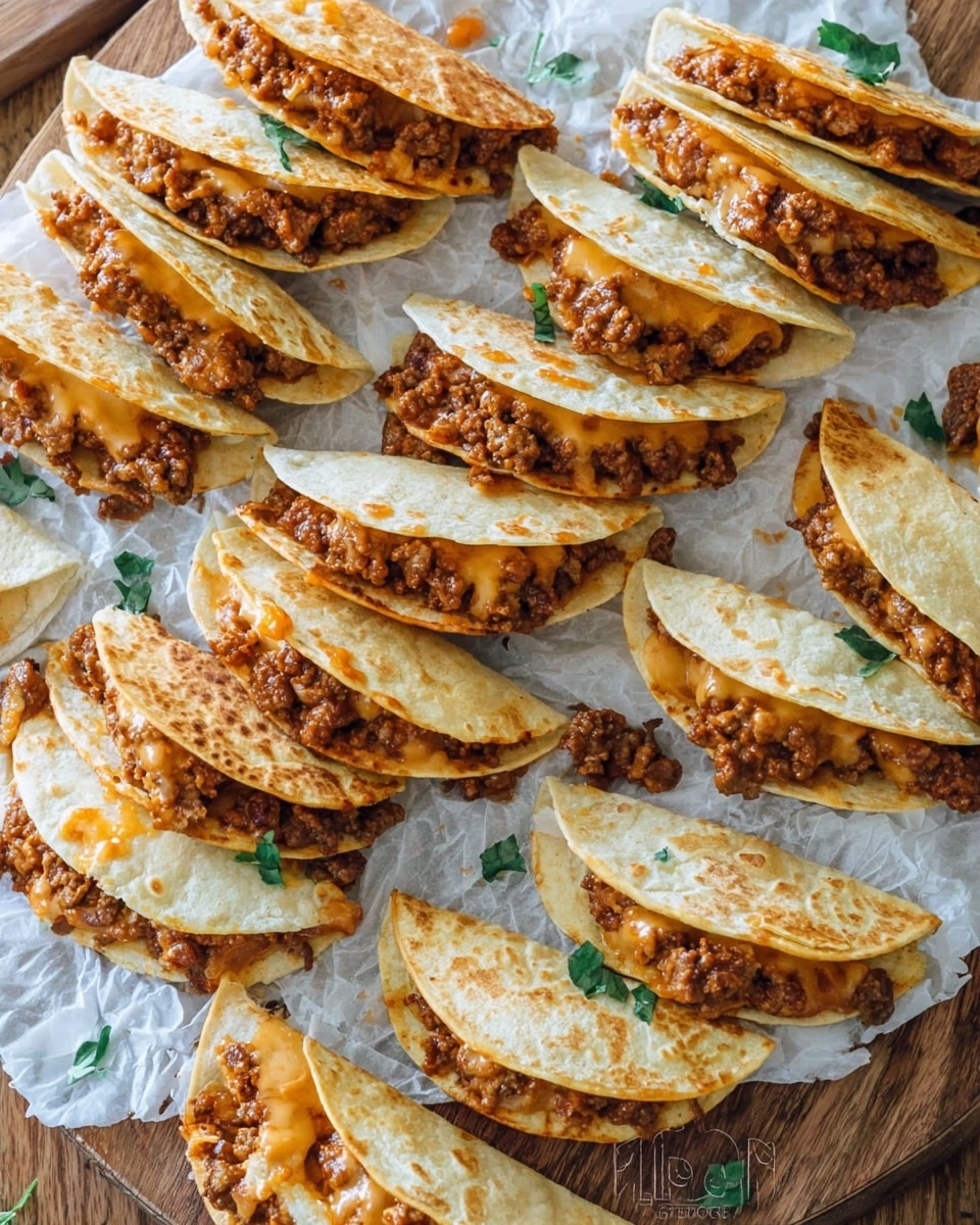 A wooden board holds many mini tacos arranged close together on a white marbled textured surface covered with parchment paper. Each taco has two layers: a top crisp pale beige taco shell and a filling layer of browned ground meat mixed with melted orange cheddar cheese, visible inside the folded shell. Small green cilantro leaf pieces are scattered around and inside the tacos, adding a fresh touch. The texture of the shells is slightly bubbly and crisp, and the melted cheese blends softly with the meat. photo taken with an iphone --ar 4:5 --v 7