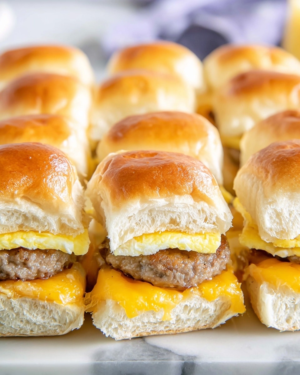 The image shows a tray of nine breakfast sliders arranged in a 3 by 3 grid on a white marbled surface. Each slider has three main layers: the bottom layer is a soft, light golden baked biscuit bun; the middle layer contains a cooked fluffy yellow scrambled egg with folded texture, topped with a browned sausage patty covered in melted orange cheddar cheese that slightly drips over the edges; the top layer is another soft golden biscuit bun with a shiny, slightly crisp surface. The sliders are close together with visible seams between each. The lighting highlights the warm, appetizing colors and soft textures of the buns and fillings. photo taken with an iphone --ar 4:5 --v 7