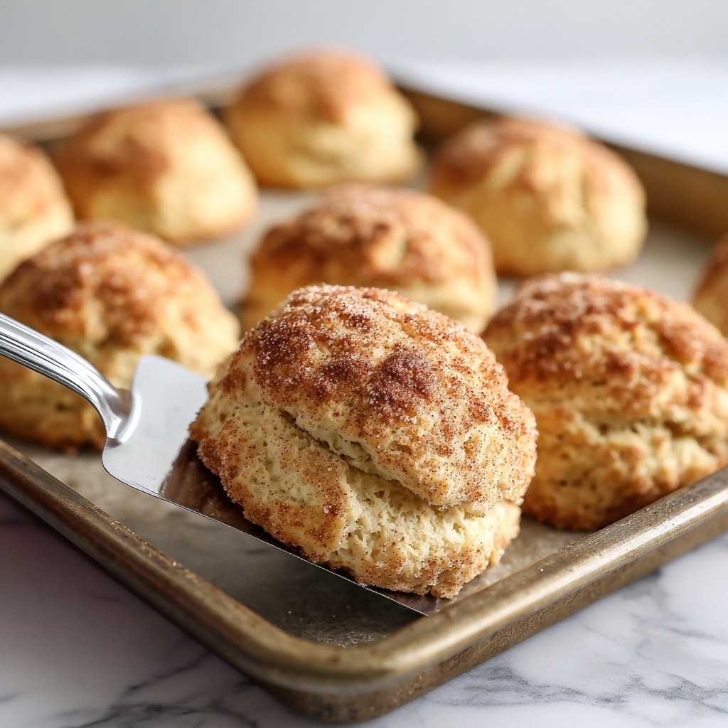 The image shows a close-up of a golden-brown triangular cinnamon sugar scone being lifted by a metal spatula from a baking tray. The scone has a rough texture with a sugar and cinnamon coating that gives it a softly speckled look. Around it, there are several similar scones on the tray, each with the same crispy outer layer, light brown color, and a soft crumbly appearance. The tray sits on a white marbled surface that adds a clean, bright background to the warm tones of the baked scones. photo taken with an iphone --ar 4:5 --v 7