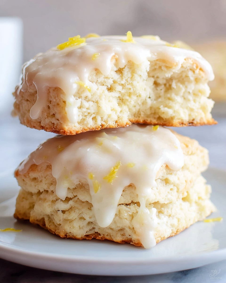This image shows two soft, thick scones stacked on a white plate with a white marbled texture underneath. The bottom scone is whole, pale golden on the bottom edge with a crumbly and slightly rough texture on top. On top of it sits a second scone with a bite taken out, revealing a light, fluffy, and crumbly inside. Both scones are topped with a smooth, glossy white icing that drips down the sides, and there are small yellow zest pieces scattered on the icing. The focus is close up, showing the texture and layers clearly. photo taken with an iphone --ar 4:5 --v 7