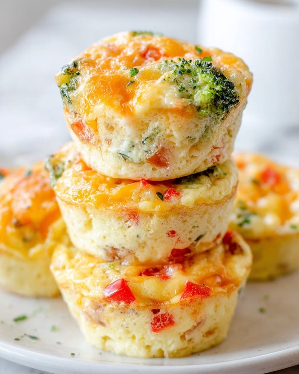 Three egg muffins are stacked on a white plate placed on a white marbled surface. Each muffin has two layers: a light yellow, fluffy egg base with small bits of red bell pepper scattered throughout, and a top layer that is a mix of melted cheese in pale yellow and orange shades, with visible green broccoli pieces and more red bell pepper. The texture of the muffins looks soft and slightly spongy with a golden-brown edge on the bottom muffin, and the top has a bubbly, cheesy surface. Photo taken with an iphone --ar 4:5 --v 7