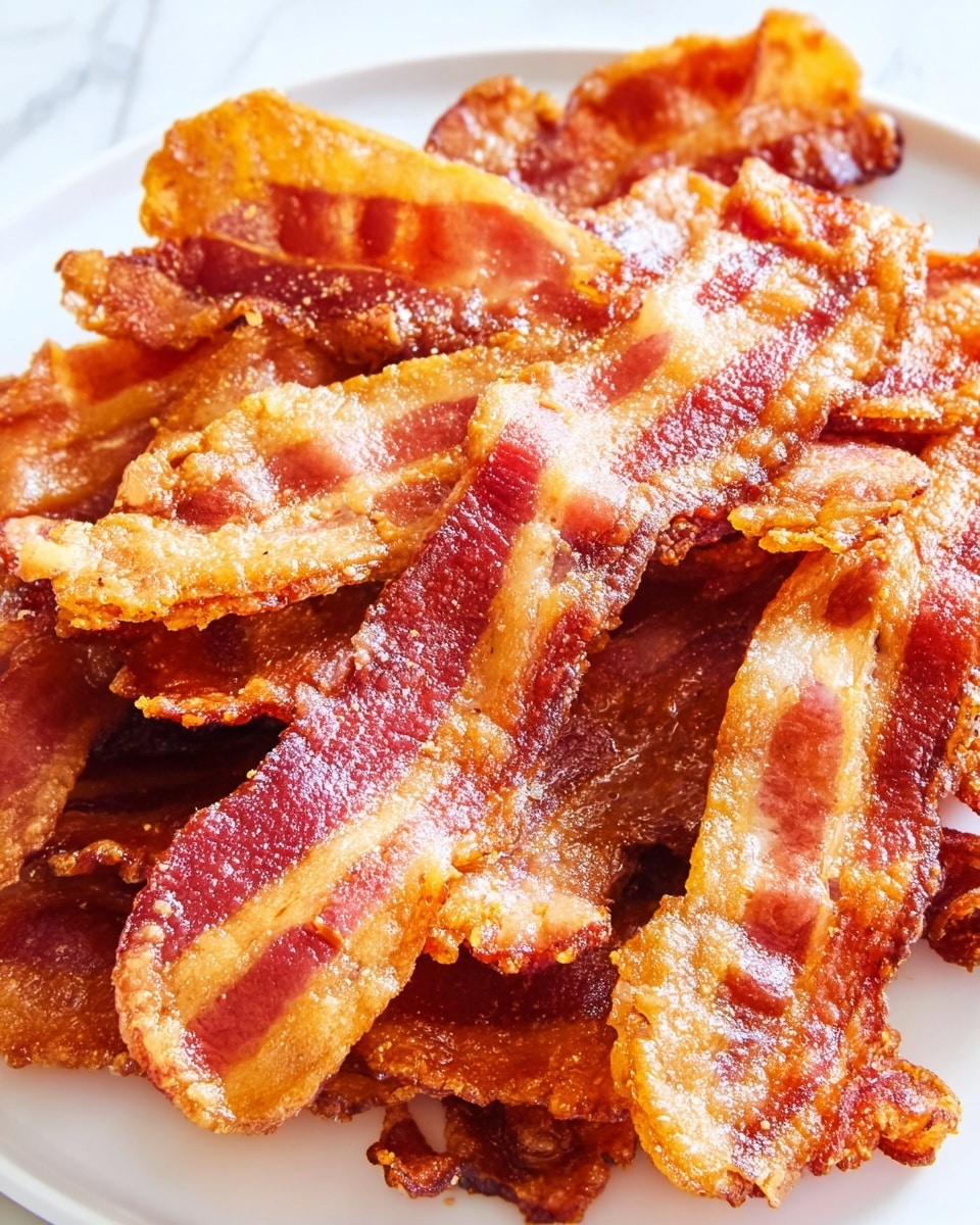 A close-up view of a pile of crispy cooked bacon strips, layered unevenly with some pieces overlapping others. Each strip has a mix of reddish-brown and golden-yellow colors, showing a crispy and slightly greasy texture with visible fat edges curling up. The bacon is placed on a white plate, all on a white marbled surface. photo taken with an iphone --ar 4:5 --v 7