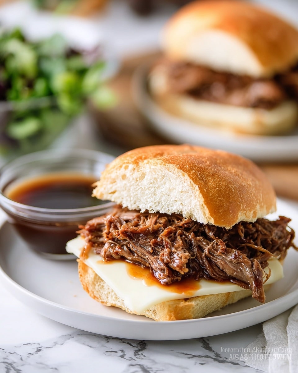 A close-up view of a sandwich with three layers inside a white sandwich roll; the bottom layer is soft white bread, followed by thin slices of white cheese, and then a thick layer of shredded brown roasted beef filling the sandwich. The top half of the roll is slightly browned and placed back on top. The sandwich sits on a white plate next to a small clear glass bowl filled with dark brown dipping sauce. In the background, there is another sandwich and some green leafy salad out of focus, all placed on a white marbled surface. Photo taken with an iphone --ar 4:5 --v 7