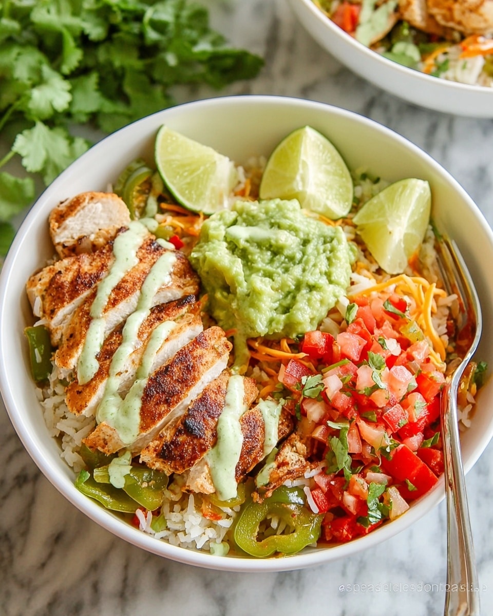 A white bowl filled with a base layer of white rice topped with sautéed green bell peppers and onions mixed with diced red peppers. On top of this is a layer of grilled, sliced chicken breast with a light brown sear, drizzled with a green sauce. Around the chicken, shredded yellow and white cheese is scattered, with a small heap of chunky green guacamole placed near the center. A bunch of fresh green cilantro leaves sprawls on one side, and two lime wedges sit beside the cilantro. The bowl is placed on a light wooden surface with a white marbled texture in the background and a silver fork partially inside the bowl. Photo taken with an iphone --ar 4:5 --v 7