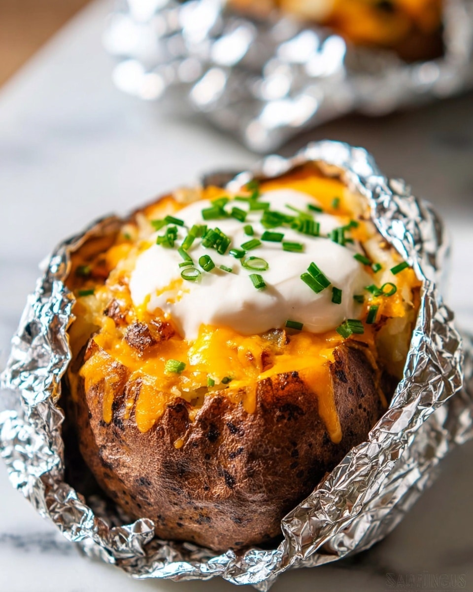 A close-up image of a baked potato wrapped in crumpled aluminum foil, resting on a white marbled surface. The potato is split open, showing a bottom layer of soft, fluffy potato inside the skin with bits of browned meat mixed in. On top of this is a thick layer of melted golden-orange cheddar cheese covering the potato and meat. Above the cheese, there is a dollop of smooth, white sour cream crowned with small, bright green chopped chives scattered across the top. The focus is sharp on the potato while the background is blurred. Photo taken with an iphone --ar 4:5 --v 7