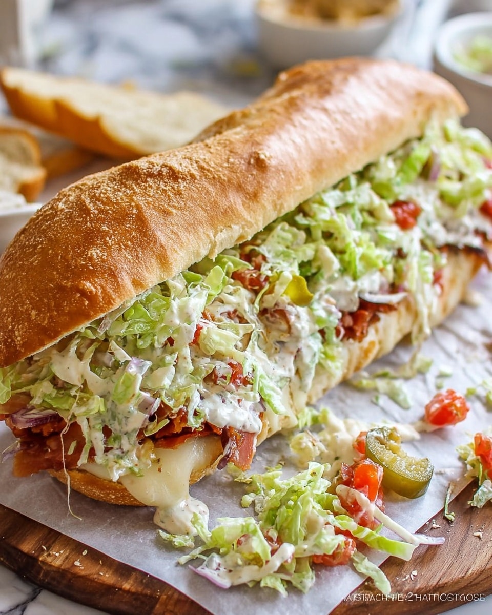 A long sandwich made with a golden brown baguette, cut into sections but still connected, resting on white parchment paper placed on a wooden board. Inside, there are visible layers starting with melted white cheese covering slices of reddish meat and bright red tomato pieces. Above that is a generous layer of shredded lettuce mixed with chopped green pickles and bits of red tomato, all coated with creamy white dressing that slightly spills over the edges. Some shredded lettuce and diced tomato pieces have fallen out onto the parchment paper, adding a fresh, messy look. The background shows a white marbled texture with blurred elements. Photo taken with an iphone --ar 4:5 --v 7