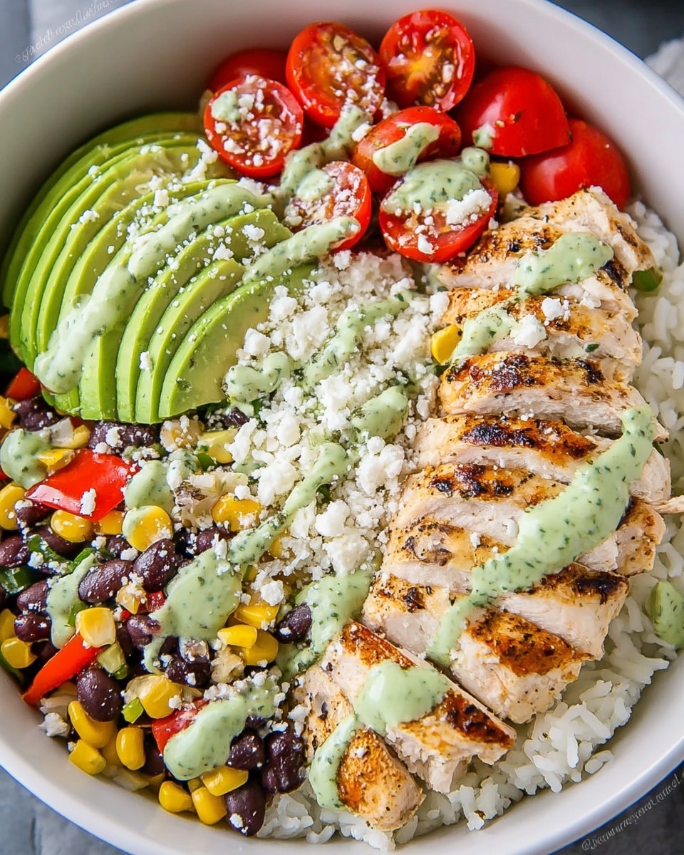 A white bowl filled with a base layer of fluffy white rice covering the bottom. On the right side, there is a layer of sliced grilled chicken breast, golden-brown with herb specks, neatly spread in a row. At the top, a layer of halved bright red cherry tomatoes adds a fresh pop of color. In the middle, slices of green avocado are arranged, covered partially by a drizzle of pale green sauce. On the left side, a colorful mix of yellow corn kernels, black beans, and small bits of red pepper creates a textured layer. The entire dish is sprinkled with white crumbled cheese and more of the green sauce drizzled on top, all sitting on a white marbled texture. photo taken with an iphone --ar 4:5 --v 7