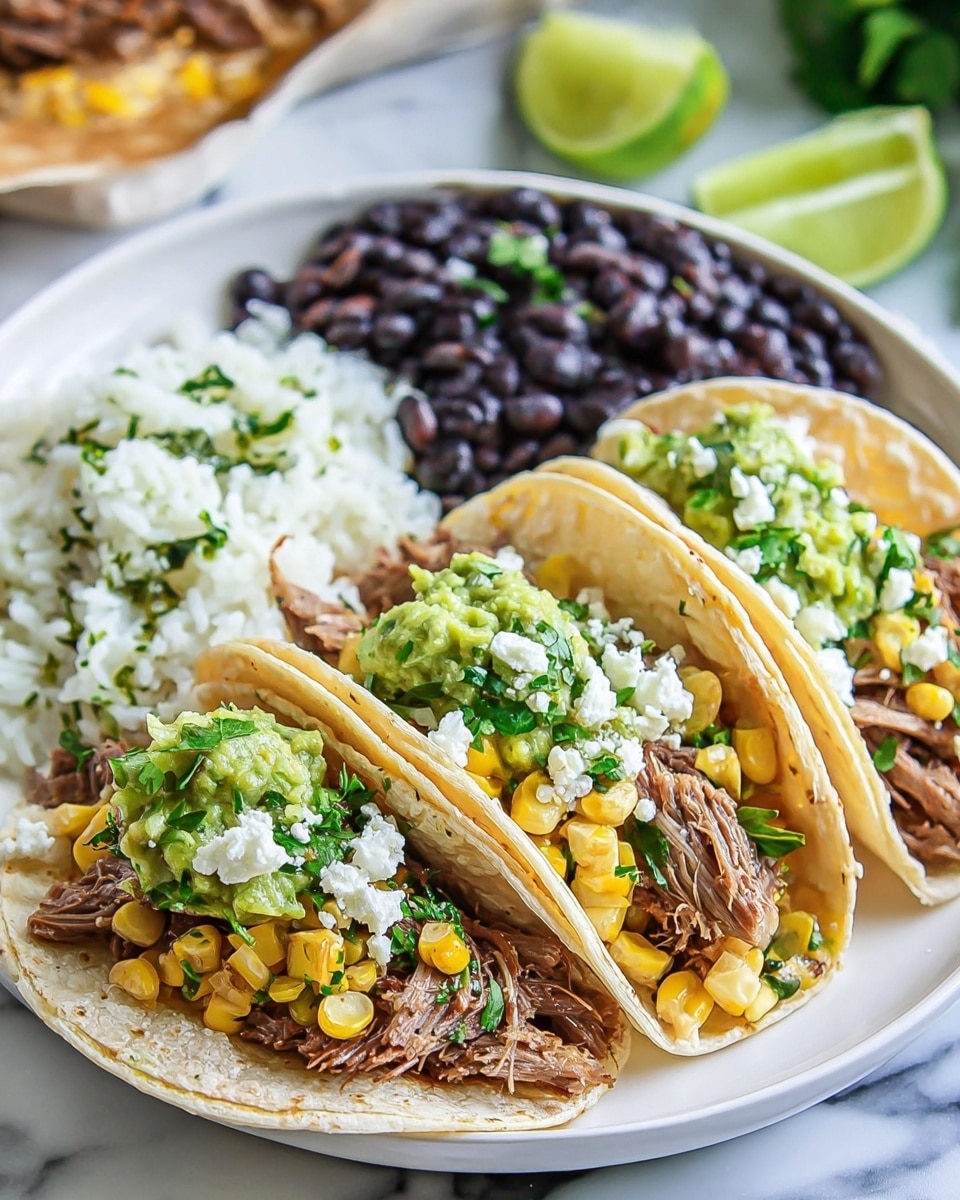 A white plate holds three small soft tortillas standing side by side, each filled with shredded brown meat, yellow corn kernels, green guacamole, white crumbly cheese, and fresh green cilantro leaves. On the side, there is a mound of white rice mixed with chopped herbs and a pile of shiny black beans with two lime wedges on top. The plate is set on a white marbled surface with blurred items in the background. photo taken with an iphone --ar 4:5 --v 7