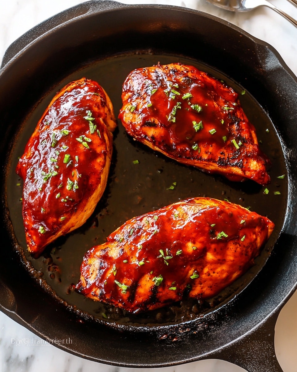 Three pieces of grilled chicken breasts sit inside a black cast iron skillet. Each chicken breast is fully covered with a glossy, reddish-brown barbecue sauce that looks thick and slightly caramelized around the edges. The chicken is sprinkled with small green herb bits, giving a fresh touch. The skillet has a shiny oily surface where the chicken rests, showing it is hot and just cooked. The background is a white marbled texture with a white and blue striped cloth visible near the skillet handle. photo taken with an iphone --ar 4:5 --v 7
