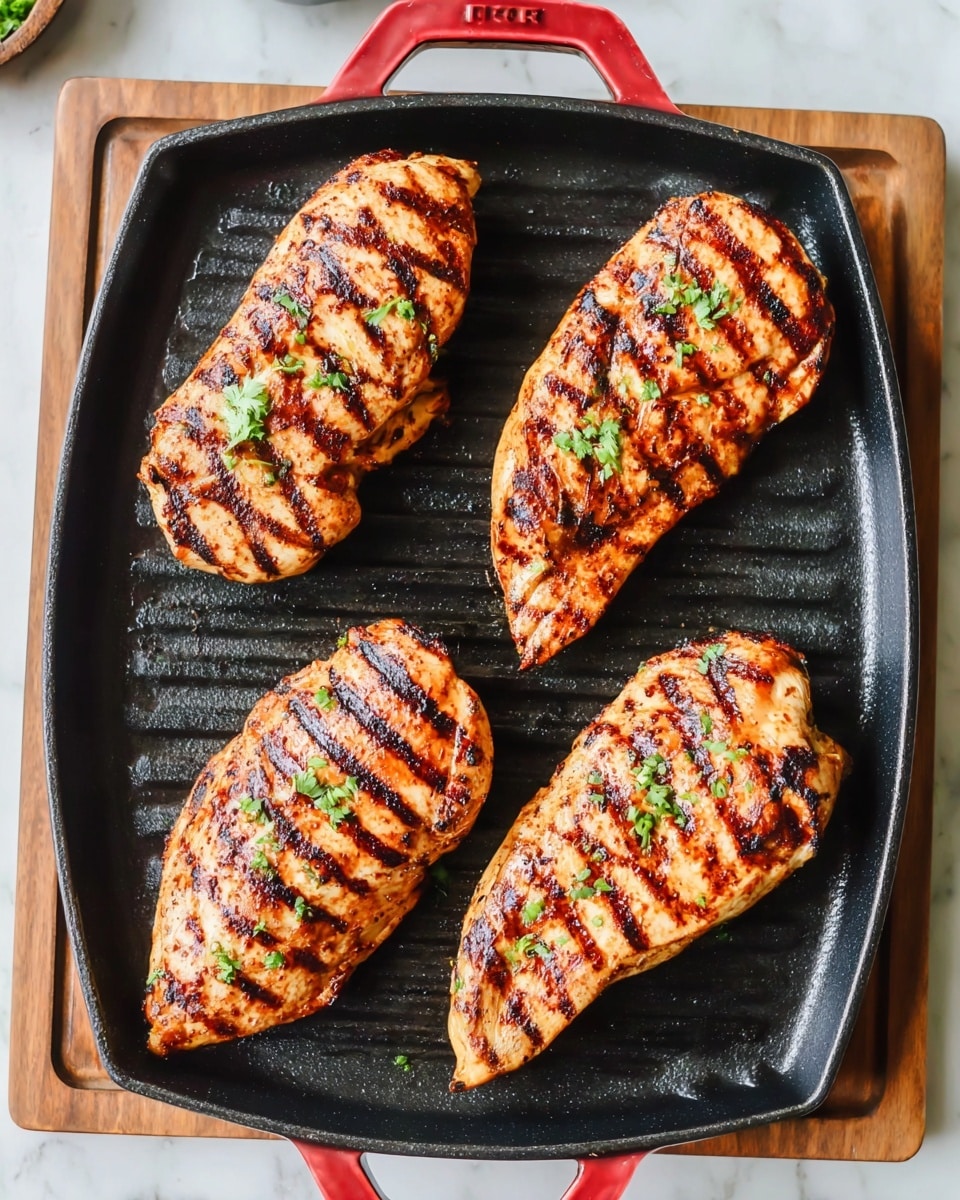 Four grilled chicken breasts are placed in a black grill pan with strong char marks visible on each piece. The chicken breasts are cooked to a golden brown with slightly darker grill lines, sprinkled lightly with chopped green herbs for color. The grill pan has red handles and sits on a wooden board, which rests on a white marbled surface. Photo taken with an iphone --ar 4:5 --v 7