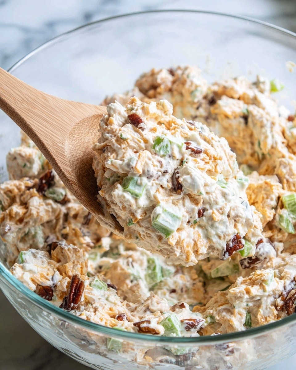 A close-up view of a thick, chunky salad mixture in a clear glass bowl, with a wooden spoon scooping a large portion. The salad has three main layers: an orange creamy cheese base, scattered with small dark brown nut pieces and bits of green celery throughout, all mixed with white creamy dressing. The textures include smooth creamy cheese, crunchy nuts, and crisp celery pieces, creating a colorful and textured mix against the clear glass bowl and white marbled surface. photo taken with an iphone --ar 4:5 --v 7