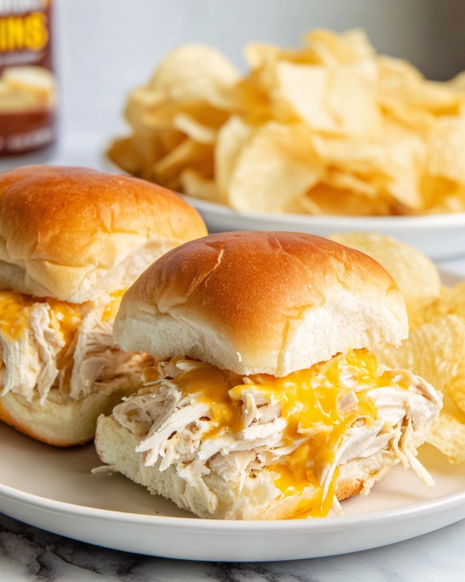 Two small sandwiches are placed side by side on a white plate with a white marbled texture surface underneath. Each sandwich has a shiny, golden-brown soft top bun as the first layer, with a middle layer of melted bright orange cheddar cheese slightly oozing out. The bottom layer consists of shredded white chicken meat packed tightly under the cheese. In the background on the plate, there are light yellow, thin potato chips that add a crunchy texture contrast. The photo is clear and detailed, focusing closely on the sandwiches to highlight their layers and textures. photo taken with an iphone --ar 4:5 --v 7