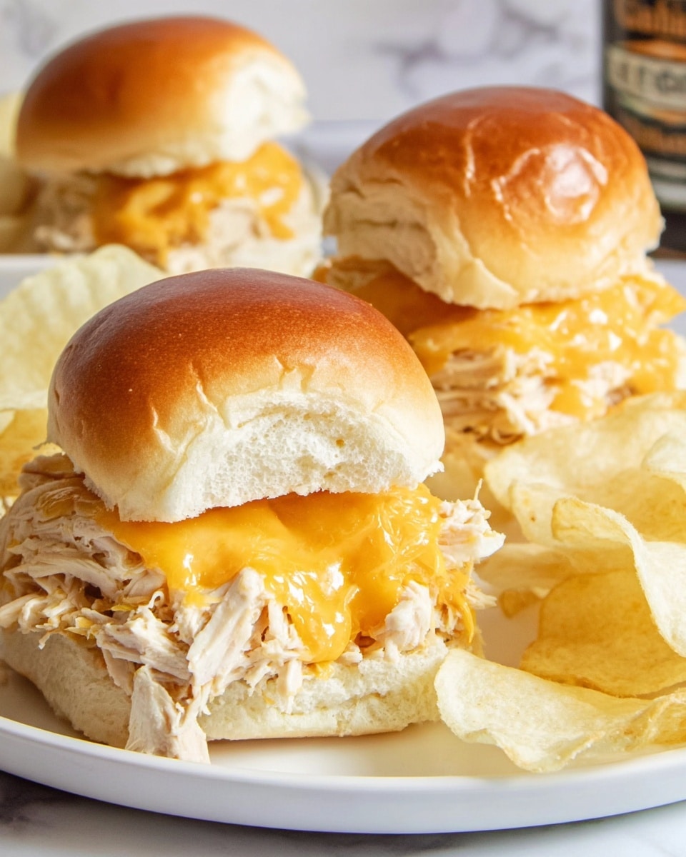 Two chicken slider sandwiches sit side by side on a white plate, placed on a white marbled surface. Each sandwich has a soft golden brown bun on top with a shiny crust. The bottom bun supports a thick layer of shredded white chicken meat mixed with a melted bright orange cheddar cheese that slightly oozes out. In the background, there is a pile of light yellow, crispy potato chips. Photo taken with an iphone --ar 4:5 --v 7