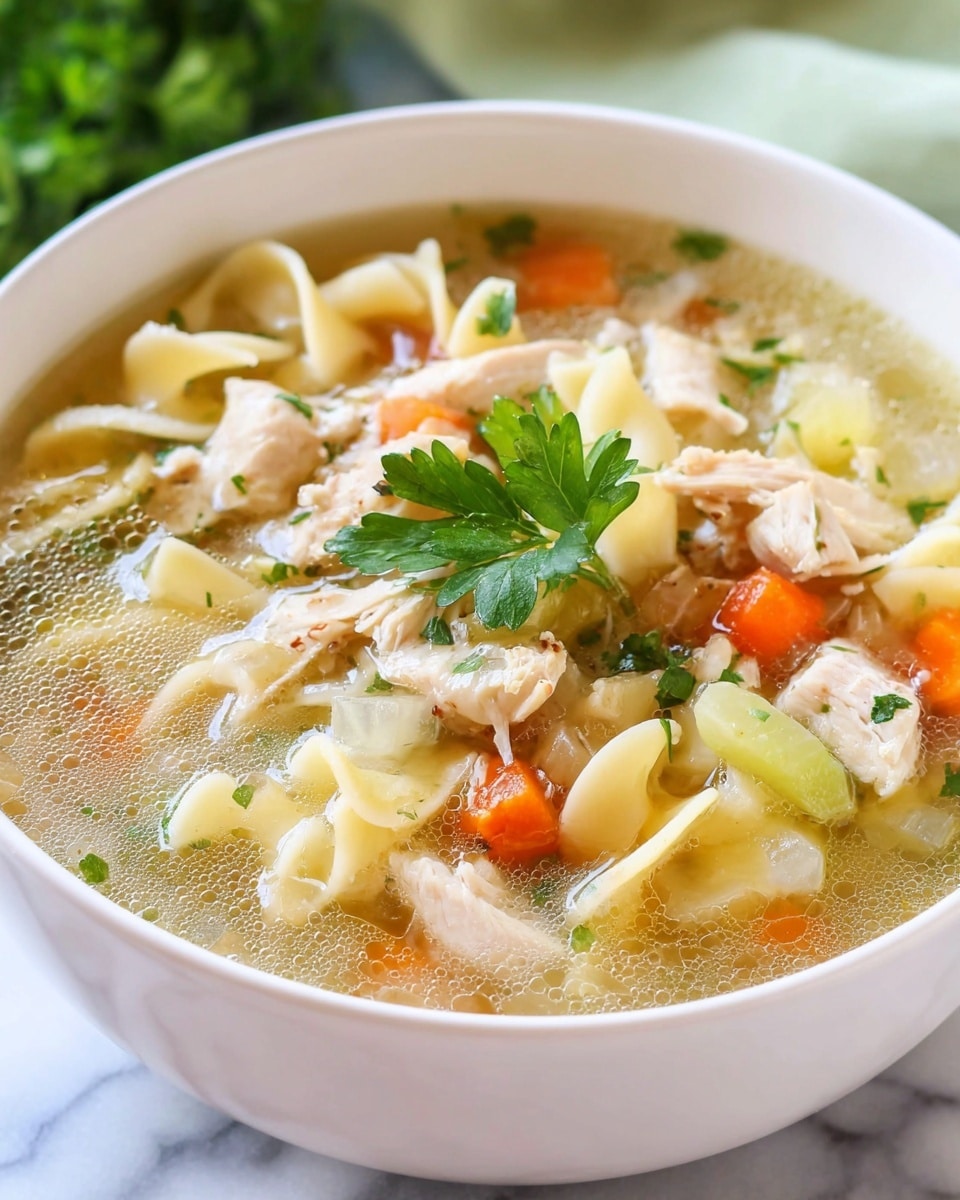 A close-up view of a white bowl filled with chicken noodle soup, showing three main layers: the clear golden broth as the base, pieces of cooked pale white chicken and light yellow egg noodles mixed evenly through the soup, and chunks of bright orange carrot along with light green celery scattered throughout. On top, a small sprig of fresh green parsley rests in the center, adding a pop of color. The bowl sits on a white marbled surface with a blurred green and warm-toned background. Photo taken with an iphone --ar 4:5 --v 7