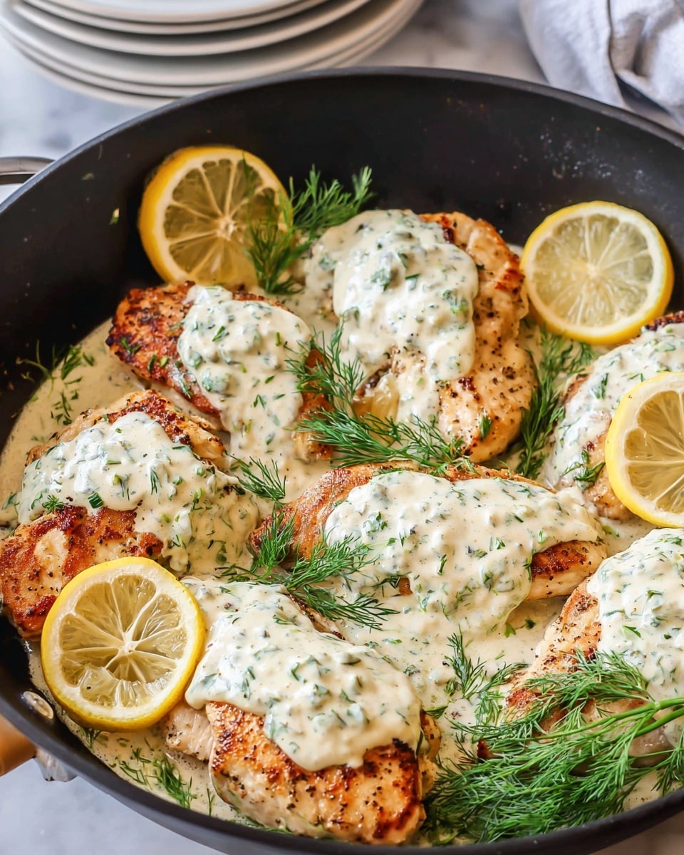 The image shows a black pan filled with six pieces of golden-brown cooked chicken breasts, each topped with a thick, creamy white sauce that has specks of green herbs and a slightly chunky texture. Bright yellow lemon slices are placed on and around the chicken pieces, adding contrast to the colors. Sprigs of fresh green dill are scattered throughout, adding a touch of freshness and color. The pan handle is visible on the left side, and in the background, there are stacks of white plates resting on a white marbled surface. Photo taken with an iphone --ar 4:5 --v 7