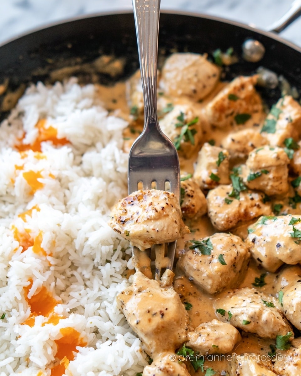 The image shows a close-up of a dish in a large black skillet filled with creamy chicken pieces coated in a light beige sauce with small green herb bits sprinkled on top. Bright orange sauce drops are spread sporadically over the chicken, adding a pop of color. To the lower left, there is a portion of white rice with visible grains placed next to the chicken. A silver fork is stuck into one of the chicken pieces in the center of the image, lifting it slightly. The background is a white marbled texture. photo taken with an iphone --ar 4:5 --v 7
