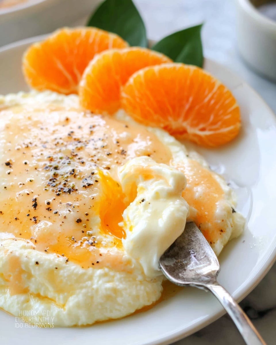 A white plate holds a creamy, light orange base layer with a smooth texture, topped by a white, softly cooked egg layer with a shiny surface and specks of black pepper. On the side of the plate, two bright orange slices rest on a small green leaf, adding a fresh pop of color. A silver spoon is lifting a bite of the creamy base mixed with egg, showing a thick, soft texture. The plate sits on a white marbled surface. photo taken with an iphone --ar 4:5 --v 7