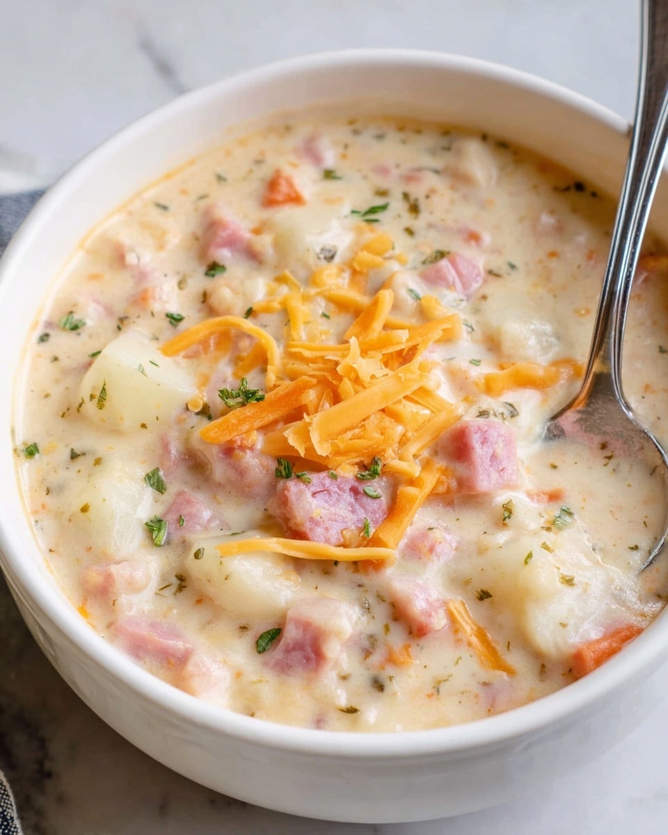 A close-up view of a white bowl filled with creamy soup showing about three layers. The base layer is thick and creamy white, filled with small pieces of potato and bits of celery, slightly chunky in texture. On top, there are small chunks of pink ham scattered evenly, adding a meaty texture. Bright orange shredded cheddar cheese is draped over the soup in thin strands as the third layer. Small green parsley bits are sprinkled across the top for color contrast. A silver spoon stands inside the bowl, resting on the right edge. The bowl sits on a white marbled surface that adds subtle texture to the background. Photo taken with an iphone --ar 4:5 --v 7