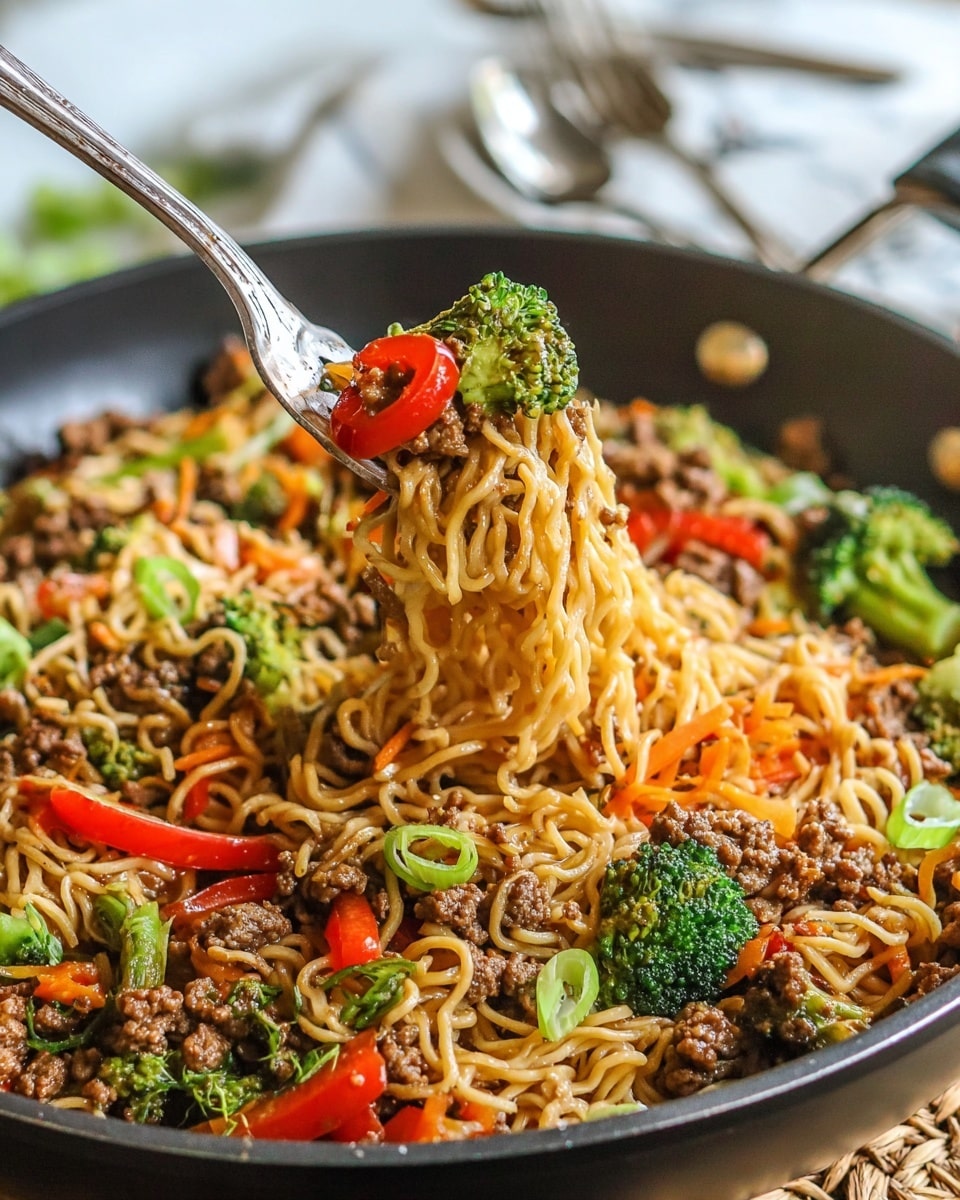 A close-up of a black skillet filled with cooked ramen noodles layered evenly throughout. Mixed inside are bright green broccoli florets, chunks of vibrant red bell pepper, and small pieces of browned ground meat. Thin strips of orange carrot and slivers of purple onion are scattered among the noodles, adding texture and color. A fork lifts a bundle of the noodles, along with a piece of broccoli and a red pepper, showing the glossy, well-mixed ingredients. The skillet sits on a woven mat on a white marbled surface, with silver utensils blurred in the background. Photo taken with an iphone --ar 4:5 --v 7
