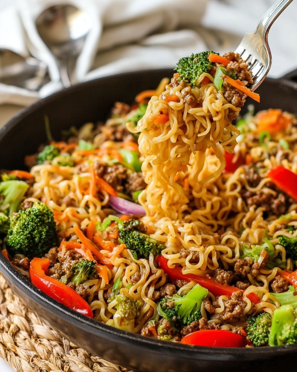 A black pan filled with a colorful stir-fry of light brown noodles mixed with dark brown ground meat, bright green broccoli pieces, red bell pepper chunks, thin orange carrot strips, and bits of green onion. A silver fork is lifting a twirling bundle of noodles topped with a bright red pepper and a green broccoli floret, showing the mixed textures and colors of the dish. The pan sits on a woven mat over a white marbled surface, with silver forks blurred in the background. photo taken with an iphone --ar 4:5 --v 7