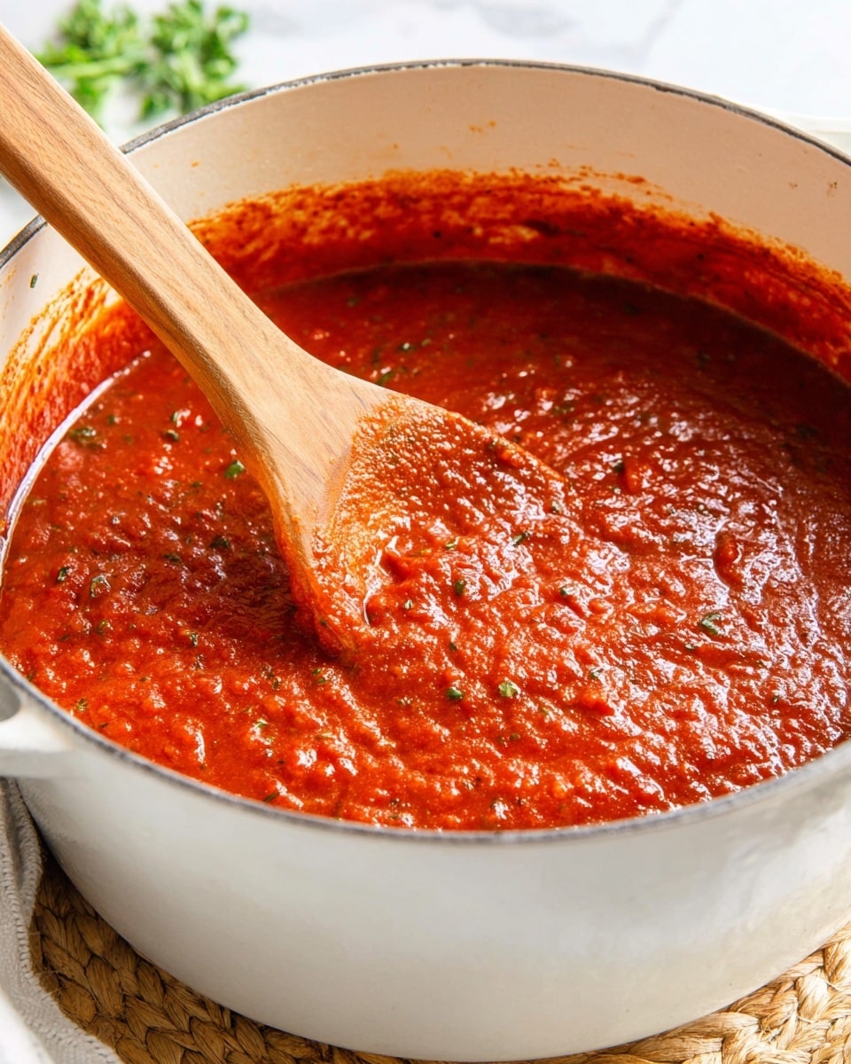 A deep white pot filled with bright red tomato sauce that has a slightly chunky texture and visible small green herb flecks evenly distributed throughout. A wooden spoon with a light natural wood grain is partially submerged in the sauce, stirring gently from the left side, blending a thicker portion of sauce into the rest. The inside edges of the pot are coated with a darker, thicker layer of sauce residue, showing the slow cooking process. The pot is on a white marbled surface, and some green herbs are softly blurred in the background. photo taken with an iphone --ar 4:5 --v 7